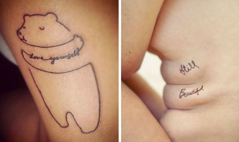 21 BODY POSITIVE TATTOOS + INSPIRATION - The Militant Baker Plus Size Fine Line Tattoo, Plus Size Arm Tattoo, Plus Size Tattoo Placement, Plus Size Tattoo Ideas, Fat Tattoo, Plus Size Tattoo, Positive Tattoos, Plus Size Tattoos, Travel Couple Photography