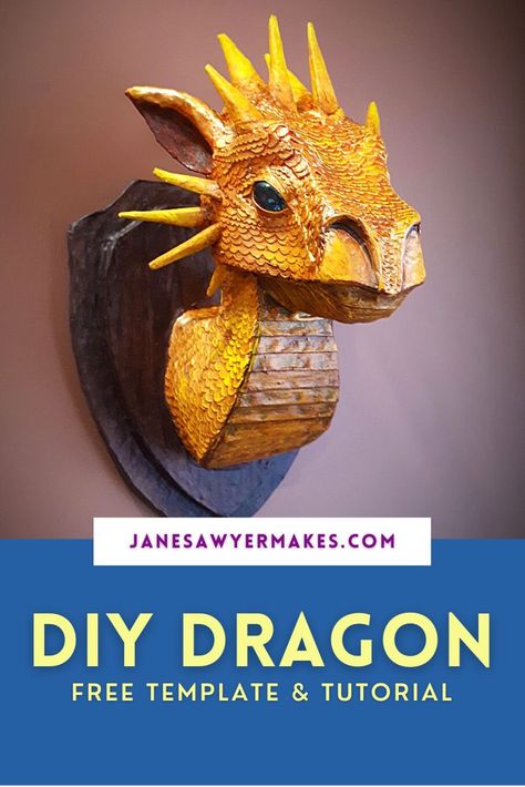 A photo of a yellow paper maché dragon head. janesawyermake.com DIY Dragon Free Template and Tutorial Faux Taxidermy Diy, Paper Dragon Puppet Ideas, Paper Dragon Puppet, Dragon Puppet Ideas, Armadura Cosplay, Foam Carving, Make A Dragon, Puppet Ideas, Felt Dragon