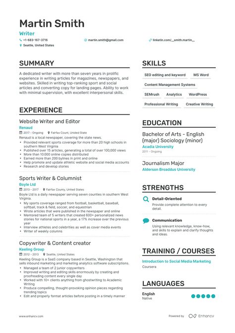 Writer Resume Examples & Guide for 2022 (Layout, Skills, Keywords & Job Description) Resume For Content Writer, Content Writer Resume, Writer Resume, Resume No Experience, Best Resume Format, Writer Jobs, Technology Quotes, Content Writer, Professional Writing