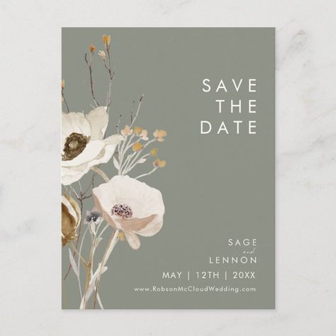 Whimsical Wildflower Sage Green Save the Date Invitation Postcard  Zazzle Sage And Champagne, Sage Green Save The Date, Wildflower Save The Date, August Weddings, Green Save The Date, Save The Date Ideas, Rustic Wedding Save The Dates, Watercolor Wildflowers, Wedding Postcard