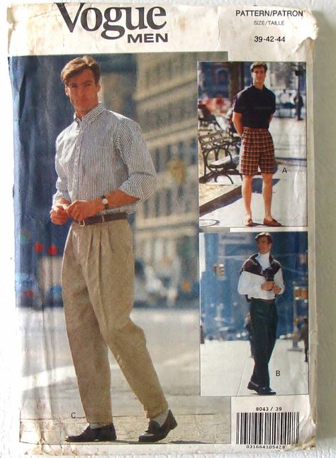 Short Sewing Pattern, Patterned Pants Outfit, Mens Pleated Pants, Shorts Sewing Pattern, Shorts Sewing, 90s Fashion Men, Mens Shorts Outfits, Mens 90s, Vogue Men