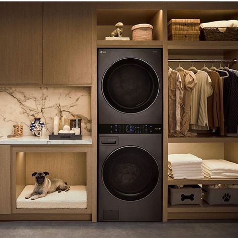 Luxe Laundry, Ultra Modern Laundry Room, Stackable Washer Dryer Laundry Room Mudroom, Stand Up Washer And Dryer Room Ideas, Lg Laundry Room Ideas, Wash Tower Laundry Room, Diy Laundry Room Ideas Stackable, Laundry Room With Steamer, L Shaped Laundry Room With Stacked Washer Dryer