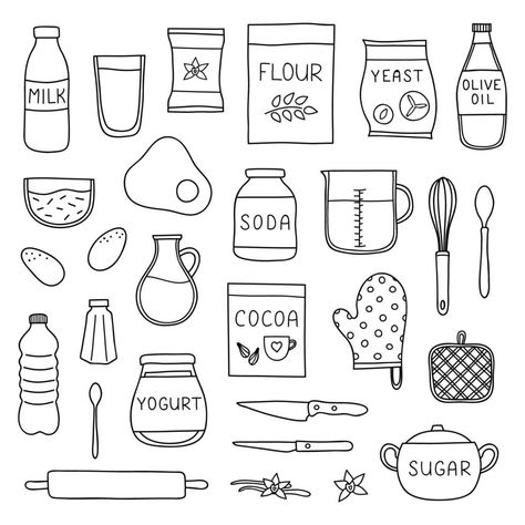 Baking Clipart Free, Baking Ingredients Drawing, Recipe Book Doodles, Baking Ingredients Illustration, Baking Book Design, Recipe Book Drawing, Kitchen Doodle Art, Cute Cooking Drawing, Cook Book Design Diy