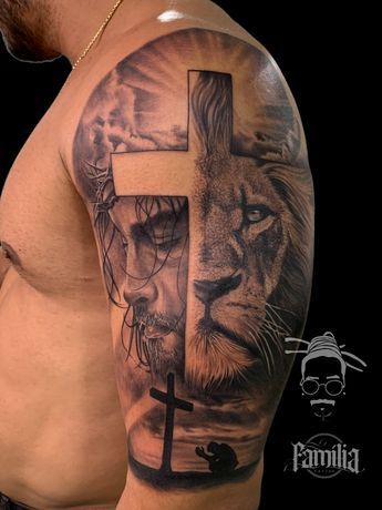 American Arm Tattoo Men, Lion And Cross Tattoo, Christ Tattoos For Men, Christian Sleeve Tattoo Men, Mens Cross Tattoo, Tattoo Jesus Cristo, Christian Tattoos Men, Jesus Tattoo Sleeve, Favelas Brazil