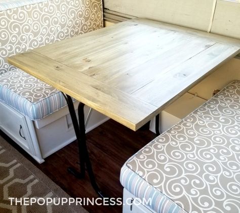 DIY Farmhouse Camper Table - The Pop Up Princess Camper Table, Pop Up Campers, Popup Camper Remodel, Camper Awnings, Camper Trailer Remodel, Vintage Camper Remodel, Diy Camper Remodel, Tent Trailer, Popup Camper