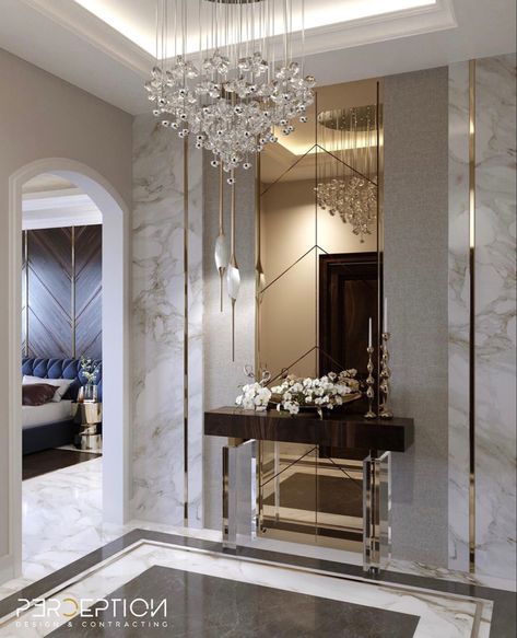 Lobby Mirror Design, Modern Entrance Foyer Design Luxury, Luxe Entryway, Luxury Foyer Entrance, Interior 2024, Bigger House, Entrance Hall Decor, Mirror Decor Living Room, Elegant Entryway