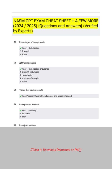 NASM CPT EXAM CHEAT SHEET  A FEW MORE 2024  2025 Questions and Answers Verified by Experts 
 Follow Link above to Download the document (pdf) Cpc Exam Cheat Sheet, Cpc Exam, Nasm Cpt, Questions And Answers, Cheat Sheet, Cheat Sheets, Question And Answer, Move In