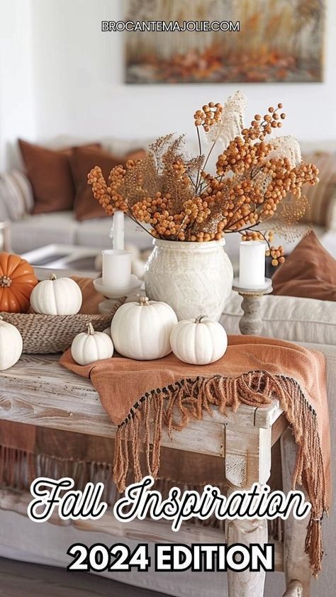 Get ready to fall in love with autumn with our comprehensive guide to fall decor ideas for 2024. This ultimate guide provides inspiration for decorating every room, including the bedroom, living room, kitchen, and front porch. Discover cozy and stylish decorations like wreaths, centerpieces, pumpkins, and pillows. Embrace the season with the best fall decorating tips and inspiration for 2024. Fall Pumpkin Decor Living Room, Indoor Fall Decor Ideas Farmhouse, Fall Decor With Pinecones, Fall Accent Table Decor, Fall Pillow Decor On Couch, Fall Dining Room Centerpiece, Fall Decor 2024 Trends, Fall 2024 Decor, Fall Decor Ideas For The Home Boho