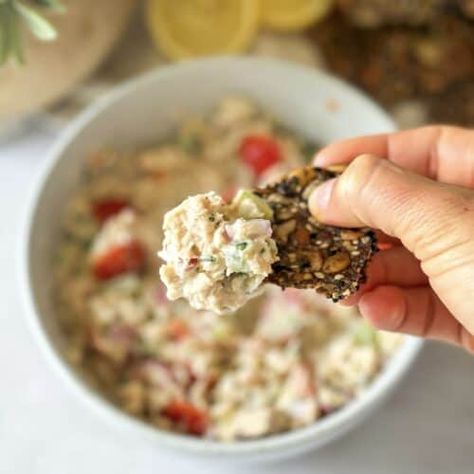 Quick Mediterranean Tuna Salad with No Mayo (Healthy) - Mallory the Dietitian Asian Crunch Salad, Chickpea Cucumber Salad, Creamy Tuna Salad, Tuna Salad No Mayo, Chickpea Cucumber, Mediterranean Tuna, Mediterranean Tuna Salad, Classic Tuna Salad, Mediterranean Recipe