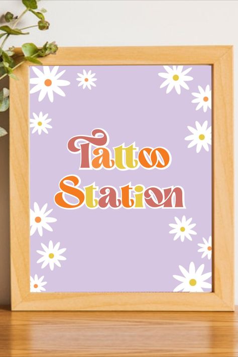 This kids birthday party tattoo station would be great to add to your birthday party as a cute sign for a tattoo station. This retro daisy birthday party decoration sign would be great for a little girls birthday party. Tattoo Station Kids Party, Party Tattoo Station, Groovy Daisy Birthday, Tattoo Station Sign, Daisy Birthday Theme, Groovy Tattoo, Tattoo Table, Party Tattoo, Three Birthday