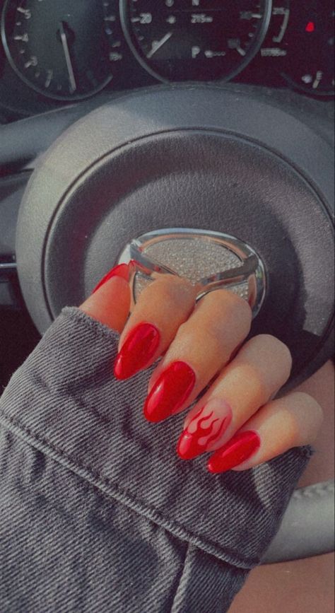 Red Nails With Line Design, Red Nails Trendy 2024, Almond Nails Designs Flame, Fire Red Nails Design, Glitter Flames Nails, Red Nails Flame Design, Red Chrome Flame Nails, Flame Nails Almond Shape, Red Fire Nails Acrylic