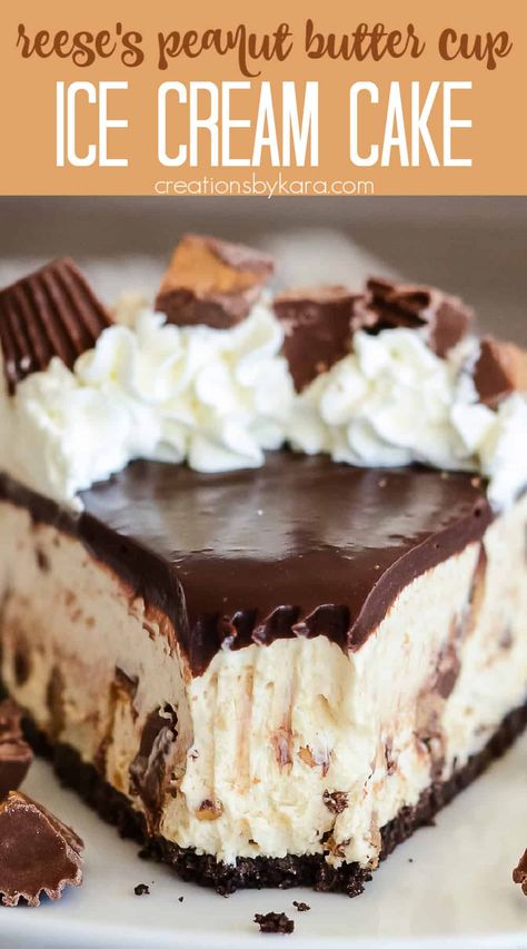 With an Oreo crust, homemade peanut butter ice cream, chocolate ganache, and plenty of peanut butter cups, this REESE'S ICE CREAM CAKE RECIPE is the ultimate frozen treat for peanut butter lovers! #reesesicecreamcake #peanutbuttericecreamcake @Creations by Kara Reese Cup Ice Cream Cake, Recess Ice Cream Cake, Reese’s Cup Ice Cream Cake, Reese Ice Cream Cake, Peanut Butter Cup Ice Cream Cake, Reese’s Ice Cream Cake, Reeses Ice Cream Cake, Ice Cream Cakes Homemade, Ice Cream Cake Homemade