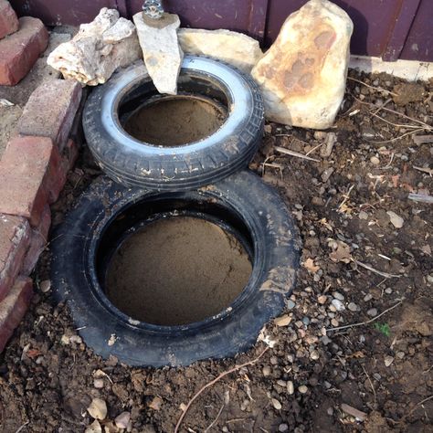 How to make a waterfall out of old tires Tire Water Fountain, Tractor Tire Pond, Tire Pond, Old Boat Pond Diy, Old Pond Fill In Ideas, Pond From Old Tire, Old Truck Waterfall Pond, Plants In Tyres Old Tires, Small Backyard Ponds