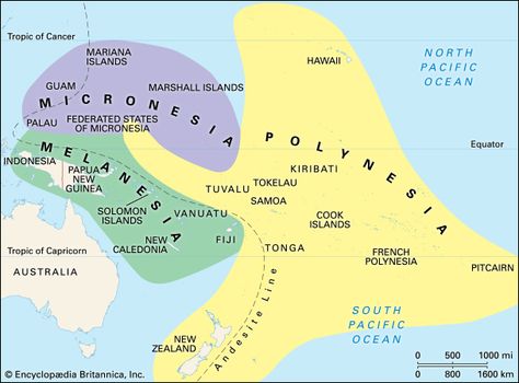 Melanesia: culture areas of the Pacific Islands [Credit: Encyclopædia Britannica, Inc. Pacific Islands Map, Pacific Islander Culture, Micronesian Culture, Kava Ceremony, Fijian Culture, Tongan Culture, Kuril Islands, Tropic Of Capricorn, Australian Maps