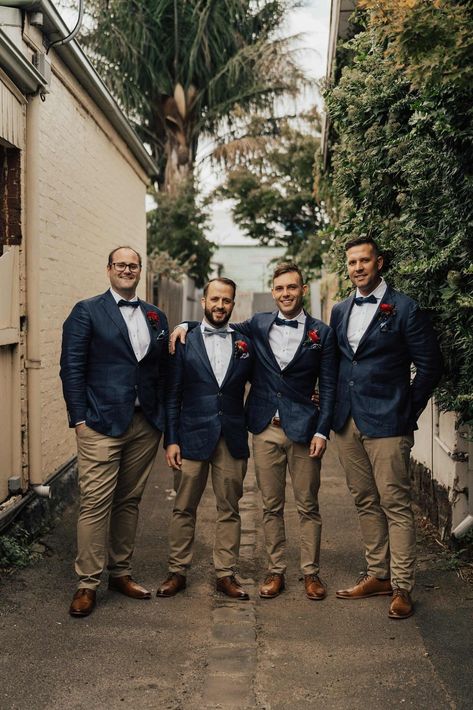 Navy And Brown Wedding, Groomsmen Attire Khaki, Tan Groomsmen Suits, Groomsmen Attire Navy, Tan Groomsmen, Tan Suit Wedding, Navy Blue Groomsmen, Casual Groomsmen, Navy Blazer Men