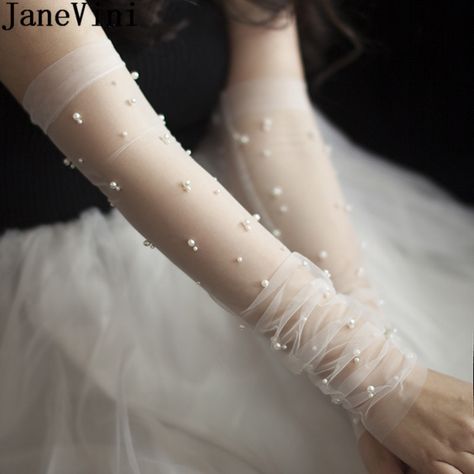 JaneVini 50CM Bridal Sheer Tulle Gloves DIY Long Wedding Gloves for Bride Ivory Pearls Decoration Fingerless Bridal Party Gloves Wedding Gloves Long, Gloves With Pearls, Ivory Gloves, White Lace Gloves, Bride Gloves, Gloves Aesthetic, Gloves Diy, Sheer Gloves, Tulle Gloves