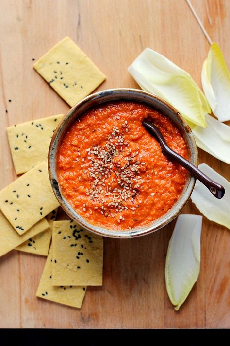 SPICY ROASTED RED PEPPER DIP Red Pepper Recipes, Red Pepper Dip, Roasted Red Pepper Dip, Stuffed Pepper Dip, Vegan Dip, Toasted Almonds, Peppers Recipes, Roasted Red Peppers, Recipe Roundup