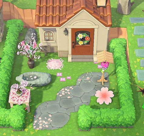 Garden In Animal Crossing, Anch Yard Ideas, Acnh Spring Island Ideas, Acnh Small Yard Ideas, Animal Crossing Outside Ideas, Animal Crossing Decor Ideas Outside, Acnh Yard Design, Acnh Easy Island Ideas, Animal Crossing Front Yard Ideas