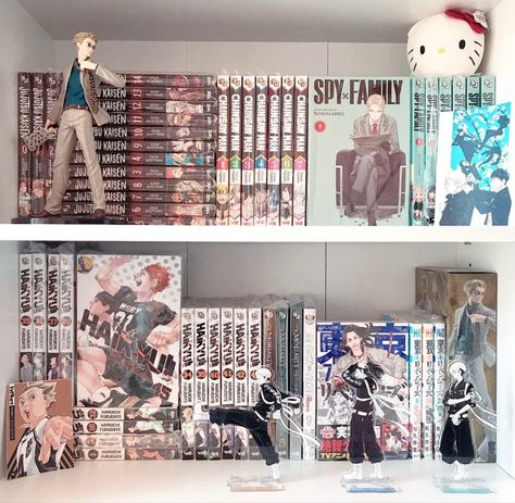 Manga And Figure Shelf, Manga Organization Ideas, Manga Organization, Manga Display, Manga Bookshelf, Otaku Room Aesthetic, Manga Shelving, Manga Shelves, Maximalist Room Decor