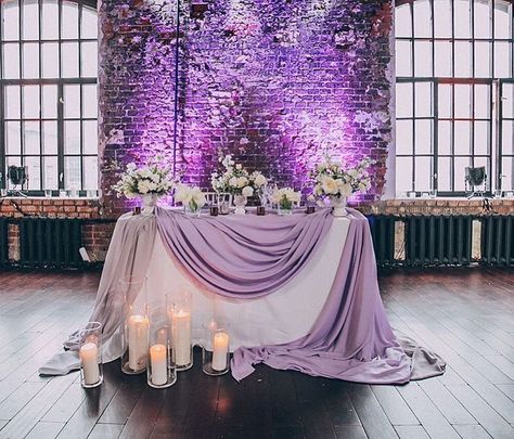 See this Instagram photo by @doubleyouspb • 66 likes                                                                                                                                                                                 More Purple Wedding Tables, Heart Table, Wedding Themes Summer, Candle Table Decorations, Sweetheart Table Wedding, Purple Wedding Theme, Head Tables, Wedding Cake Table, Wedding Party Table