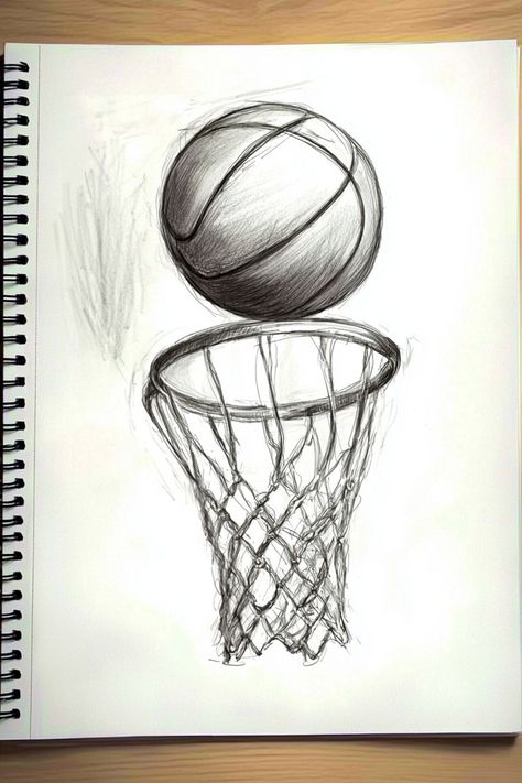 A little sketch showing a basketball falling into a hoop, created with minimal strokes, ideal for sports-themed illustrations. Sports Related Drawing, Basketball Drawings Sketches Easy, Sport Sketches Drawings, Basketball Aesthetic Drawing, Cute Drawings Simple Ideas Sketch, Basketball Drawings Easy, Basketball Drawing Ideas, Sports Drawing Ideas, Basketball Art Draw