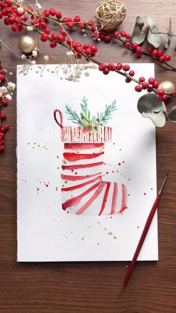 Watercolor Stocking Christmas, Christmas Tag Watercolor, Painting Subjects Inspiration, Christmas Card Watercolours, Watercolours Christmas Cards, Hand Painted Xmas Cards, Watercolor Christmas Art For Kids, Beginner Watercolor Christmas Cards, Christmas Watercolor Doodles