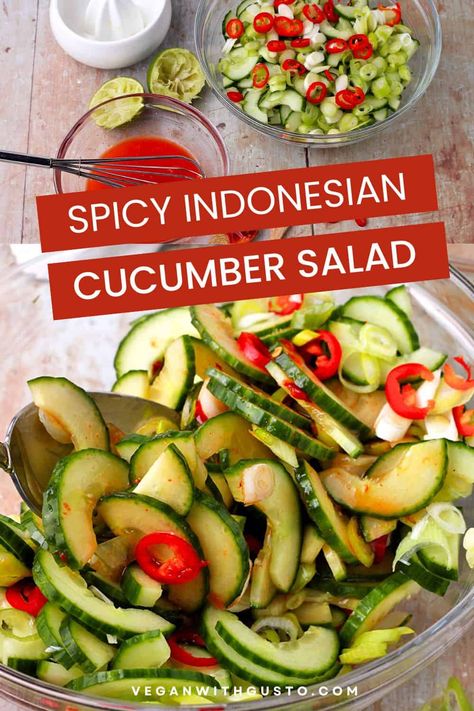 This 6-ingredient Indonesian cucumber salad is a quick, refreshing vegan side salad with sliced cucumbers, green onions, and a spicy dressing with lime juice and fiery Sambal Oelek. It's made with no added oil for a low-fat vegan side salad that will delight your taste buds. Get the recipe for complete instructions and my special tip for prepping the crispiest cucumbers. Vegan Side Salad, Cucumber Salad Vegan, Cucmber Salad, Healthy Cucumber Salad, Tempeh Burger, Spicy Dressing, Marinated Cucumbers, Side Salads, Oil Free Vegan Recipes