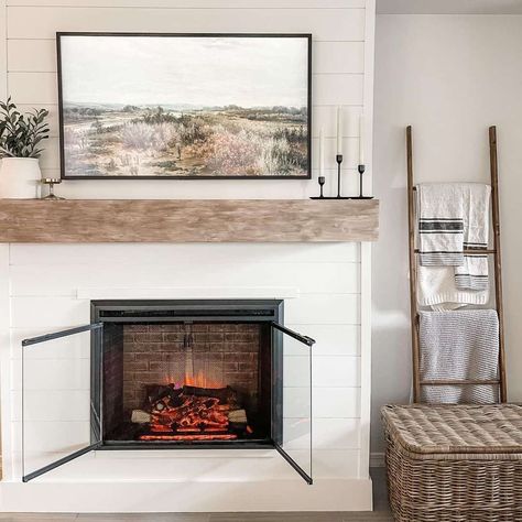 White Shiplap Electric Fireplace with Glass Doors - Soul & Lane Shiplap Wall White, Fireplace With Glass Doors, Floor To Ceiling Shiplap, Fireplace Ideas With Tv Above, Shiplap Electric Fireplace, Electric Fireplace Ideas With Tv, Farmhouse Tv Wall, Fireplace Ideas With Tv, Ceiling Shiplap