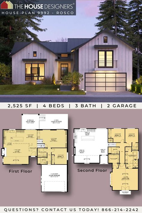 What a charming contemporary spin on the beloved modern farmhouse. This 2,525 sq.ft. two story 4 bed, 2 bath makes itself unique by its use of board and batten to its simple gabled peaks with flat paneled awnings. Story And A Half House Plans Loft Interior, Two Story Adu With Garage, Open Second Floor Loft, Farmhouse Master Bed And Bath, Modern Farmhouse Two Story Loft, Modern Second Story Addition, 2 Bed House Plans Open Floor, Two Story Three Bedroom House Plans, Second Story Floor Plans