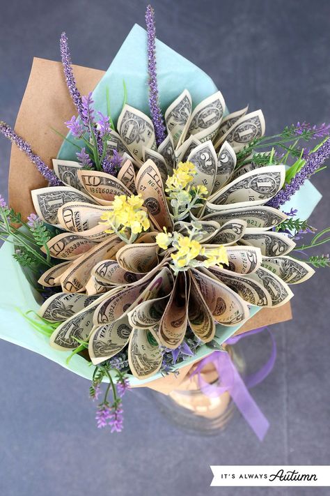 Flowers Made From Money Dollar Bills, Fun Bouquet Ideas, Money Wreath Gift Dollar Bills Diy, How Do You Make A Money Bouquet, Men Flower Bouquet Gift, Umbrella Money Gift, Money Bouquet For Wedding Gift, Making A Money Bouquet, Dollar Bill Bouquet Diy