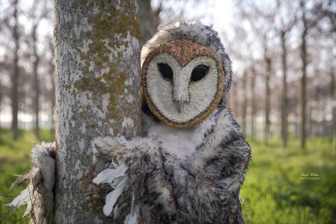 Barn owl costume, hand made by Noa and Omer Vider. Owl mask paper mash, handmade owl costume, fur and feathers DIY Diy Owl Mask, Barn Owl Costume, Owl Mask Diy, Barn Owl Mask, Owl Cosplay, Owl Halloween Costumes, Feathers Diy, Realistic Costumes, Mask Paper