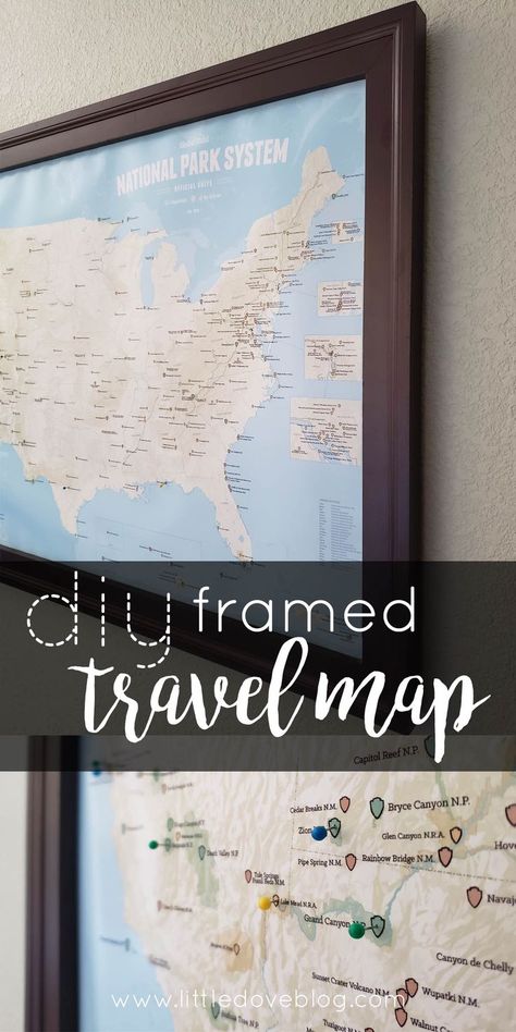 This DIY framed travel map can record all your family's travels. Make this DIY frame with molding and plywood. #DIY #travel Diy Map Frame, Homemade Picture Frames, Plywood Diy, Travel Map Diy, Diy Map, Travel Map Pins, Framed Map, Travel Map, Diy Travel