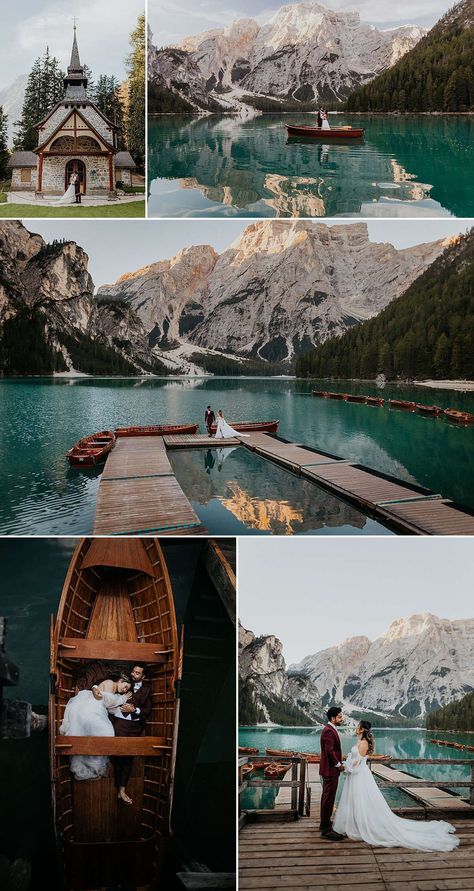 Lago di Braies Elopement in the Dolomites Lake Braies Elopement, Dolomites Wedding Photography, Dolomites Italy Elopement, Elopement Location Ideas, Lake Garda Elopement, Dolomite Wedding, Dolomites Photoshoot, Dolomite Elopement, Lake Como Elopement