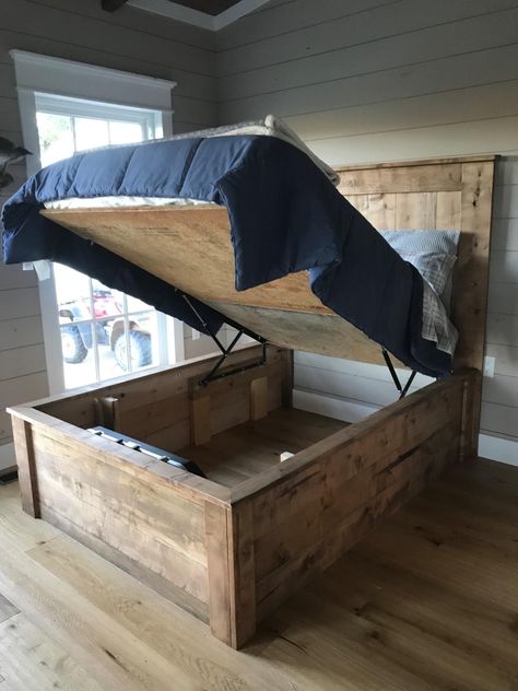 Pallet King Size Bed Frame, Bed Frame Ideas With Pull Out, Rustic Bed With Storage, Pallet Bed With Storage Underneath, Diy Wood Bed Frame With Storage, Hydraulic Lift Storage Bed Diy, Custom Platform Bed, Custom Wood Bed Frames, Bedframe Storage Ideas