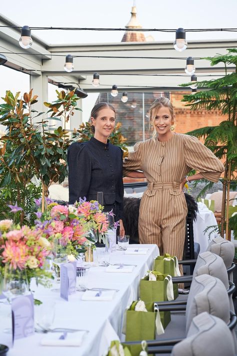 Géraldine Guyot & Laetitia Lumbroso, co-founders of DESTREE, celebrating the opening of the DESTREE corner at Harrods. Géraldine is wearing the Charlotte Pants Stripes Warm Sand and the Jasper Shirt Stripes Warm Sand. Laetitia is wearing the Yoshitomo Pants Denim Blue with the Amoako Jacket Denim Blue. Geraldine Guyot, Shirt Stripes, Winter 23, Pants Denim, Jacket Denim, Co Founder, Denim Pant, Denim Blue, Harrods