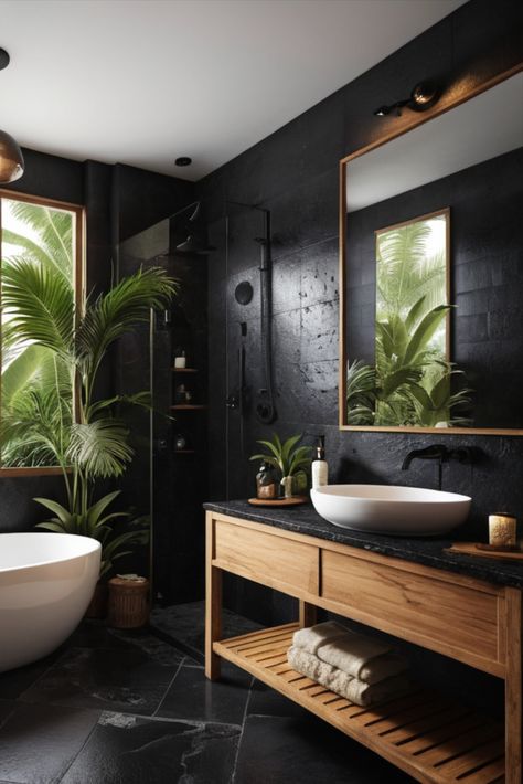 Experience exotic luxury in your bathroom with rich palm wood elements and striking black volcanic stone features. A tropical escape in your own home. #TropicalLuxury #BathroomDesign #ExoticWood Black Spa Bathroom, Black White And Bamboo Bathroom, Black And Bamboo Bathroom, Black Bathroom Ideas Decor, All Black Bathroom Ideas, Black And Wood Bathroom, All Black Bathroom, Dark Beach, Tropical Luxury