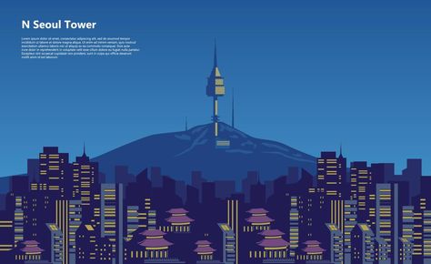 City scape n seoul tower korea vector flat design illustration Graphic City Illustration, Seoul Illustration, Korea Illustration, N Seoul Tower, Seoul Tower, Korea Design, Mountain Illustration, Tourism Poster, City Silhouette