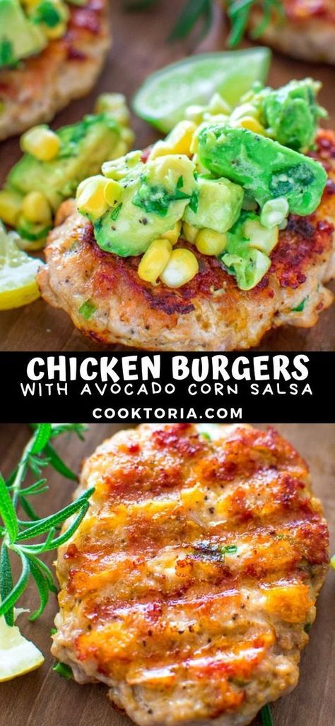 Easy Chicken Burgers Chicken Avocado Burgers, Chicken Burgers With Avocado Corn Salsa, Healthy Chicken Burger Recipes, Dinner Recipes With Avocado, Dinner 3 Ingredients, Chicken And Corn Recipes, Chicken Avocado Recipes, Chicken Burgers Ground, Low Ingredient Recipes