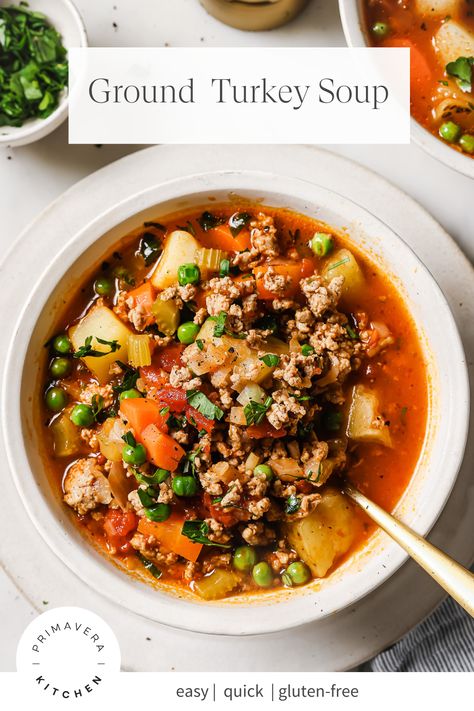 This Ground Turkey Soup recipe is hearty, healthy, and so delicious! It features extra-lean protein, nutritious veggies, and a wonderful savory broth. It’s gluten-free, dairy-free, and you can easily make it vegan, too! #groundturkeysoup #groundturkeysouprecipe Ground Turkey Butternut Squash Soup, Easy Ground Turkey Soup Recipes, Ground Turkey Sweet Potato Soup, Vegetable Soup Ground Turkey, Ground Turkey And Potato Soup, Soup Recipes Using Ground Turkey, Spicy Turkey Soup, Soup Using Ground Turkey, Ground Turkey Minestrone Soup