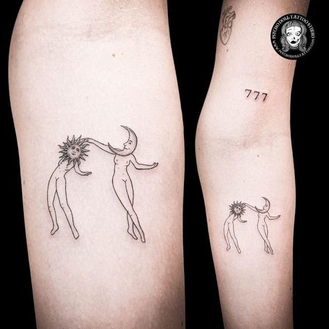 Sun And Moon Lady Tattoo, Moon And Sun Kissing Tattoo, Sun And Moon Dancing Tattoo, Dancing Moon Tattoo, Dancing Sun Tattoo, Dancing Person Tattoo, Sun Woman Tattoo, Dancing Flowers Tattoo, Woman Dancing Tattoo