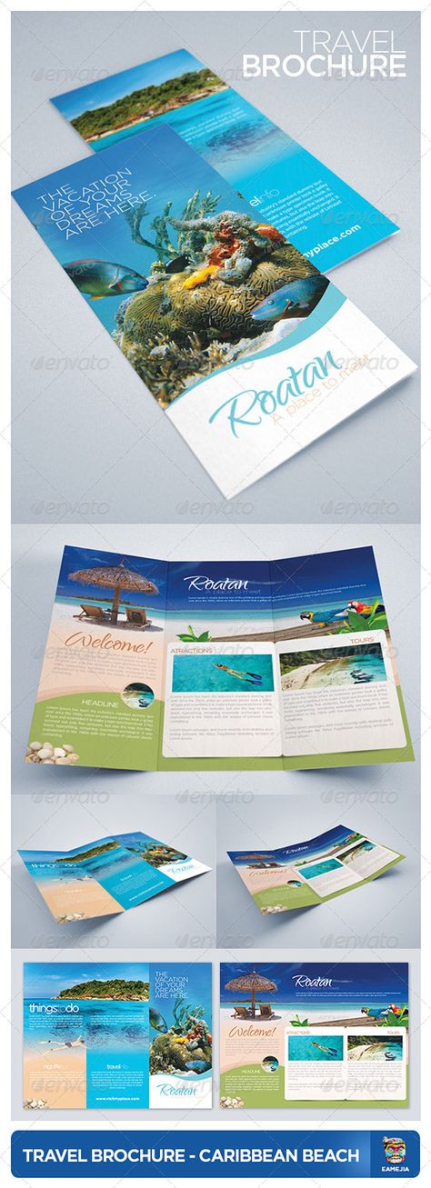 Travel and Tourism Brochure - Caribbean Beach #GraphicRiver Travel & Tourism Brochure, ideal for hotels, travel agencies, and all accommodation / travel / tourism business. Just place your photos and edit text! 2 PSD (inside and outside) 11×8.5” include bleeds, guidelines, trims, 0.25” CMYK Color, 300DPI Print Ready Fonts: Myriad Pro, Gotham Family, Qwigley Phodune Stock: Snorkeling, Stunning Beach, Marine Life, Created: 5June12 GraphicsFilesIncluded: PhotoshopPSD Travel Brochure Design, Tourism Design, Brochure Examples, Italy Tourism, Flyers Design, Professional Brochure, Travel Brochure Template, Wine Tourism, Travel Agencies