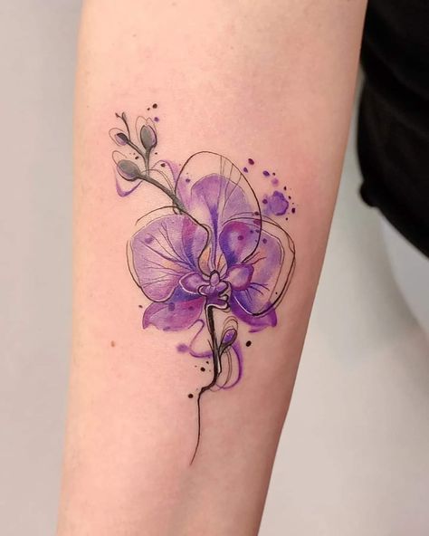 Watercolor Orchid Tattoo, Purple Orchid Tattoo, Orchid Flower Tattoos, February Birth Flower, Violet Tattoo, Flower Tattoo Ideas, Orchid Tattoo, Cross Tattoos For Women, Mother Tattoos