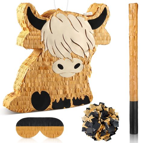 PRICES MAY VARY. You Will Get: there are 1 piece of highland cow pinata, with the size of 15.75 x 14.37 x 2.76 inch, 1 piece of blindfold, and 1 piece of bat, 1 bag of confetti, ample quantity can meet your party decoration needs Reliable Material: the cow pinata is made of thick cardboard, decorated with tissue paper, sturdy and reliable, equipped with a plastic loop for easy hanging Easy to Fill: the small pinata is designed with a pre cut hole, and the filling hole comes with a sticker, allow Farm Theme Pinata, Highland Cow Bday Party, Highland Cow Pinata, Western Piñata, Western Theme First Birthday Party, Cow Piñata, Highland Cow Birthday Party, Cow Party Decorations, Highland Cow Party