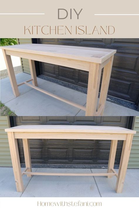 Pub Table Kitchen Island, Diy Narrow Kitchen Island, Small Kitchen Island Dimensions, Narrow Work Table, Farmhouse Kitchen Island Diy, Easy Kitchen Island Diy, Narrow Island Kitchen, Diy Island Table, Diy High Top Table