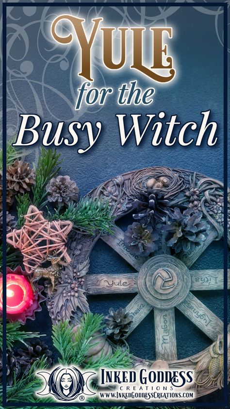 A graphic about our blog post "Yule for the Busy Witch" from Inked Goddess Creations. Sun Correspondences, Yule Alter, Yule Correspondences, Yule Wicca, Celebrate Yule, Witch Tips, The Longest Night, Yule Log, Winter Solstice