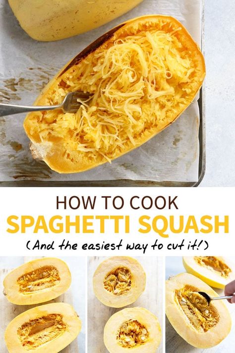 Here's HOW TO COOK SPAGHETTI SQUASH in the oven, including the easiest way to cut it. I love using this low-carb squash as a healthy pasta substitute! Cooking A Spaghetti Squash In The Oven, Cooking A Spaghetti Squash, Roasting A Spaghetti Squash, Spagetti Squash Oven Roasted, Easiest Way To Cook Spaghetti Squash, How To Bake Spaghetti Squash In The Oven, Spaghetti Squash Roasted, Cook Spaghetti Squash In Oven, How To Roast Spaghetti Squash