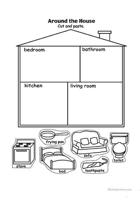 Parts of the house - English ESL Worksheets English Club, Homeschool Crafts, English Worksheets For Kids, Kids English, English Activities, School Worksheets, Preschool Learning Activities, Worksheet Template, Cut And Paste