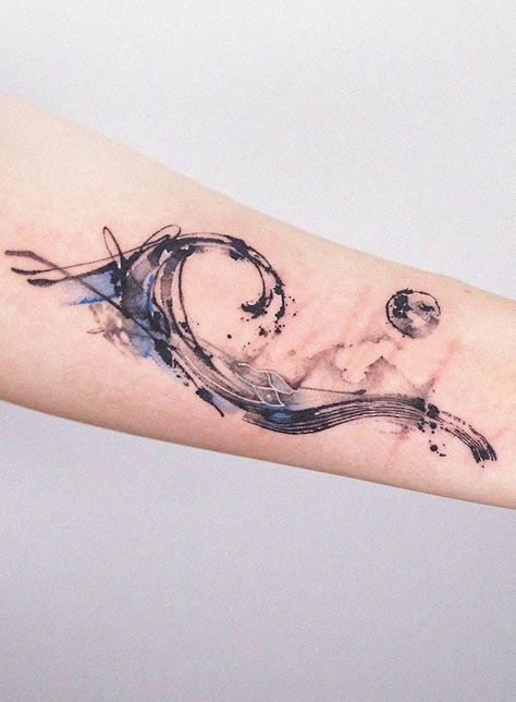 Oceanography Tattoo, Ocean Music Tattoo, Water Based Tattoos, Shaded Wave Tattoo, Water Themed Tattoos For Women, Ocean Tatoos Woman, Dolphin Wave Tattoo, Wave Forearm Tattoo, Abstract Ocean Tattoo