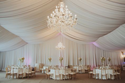 . Draped Reception Hall, Wedding Ballroom Ceiling Decor, Draped Ballroom Wedding, Draping Wedding Reception, Ceiling Draping Wedding, Wedding Drapery, Simple Wedding Reception, Nikah Decor, Wedding Draping