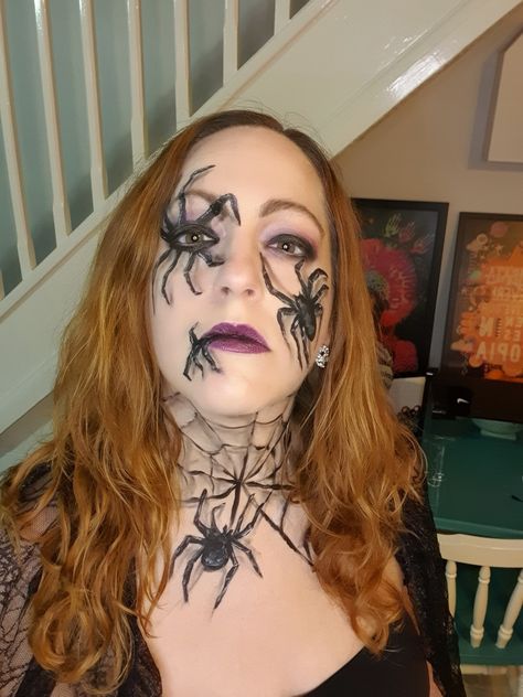 Face painted spiders and spiders web illusion Spider Wed Makeup Halloween, Creepy Spider Halloween Makeup, Womens Spider Makeup, Halloween Makeup Looks Spider Web, Women’s Spider Costume, Spider Infestation, Spiderweb Dress, Spiders Web, Dress Halloween Costume